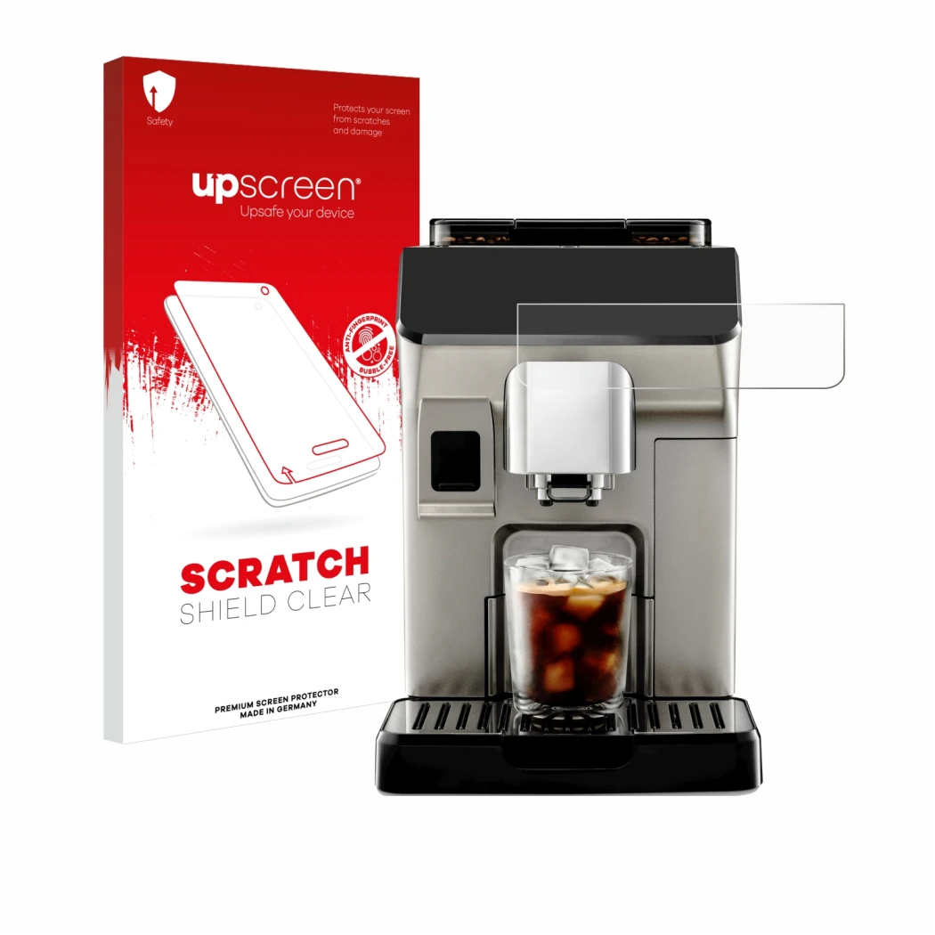 Face avant d’un emballage produit avec le logo de la marque upscreen. À côté, l’appareil DeLonghi Eletta Explore est représent