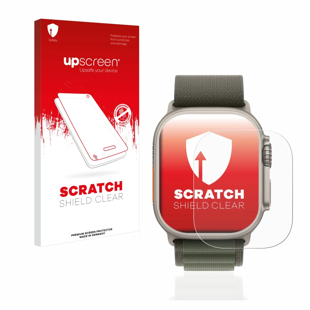 Face avant d’un emballage produit avec le logo de la marque upscreen. À côté, l’appareil Apple Watch Ultra (49 mm) est représe