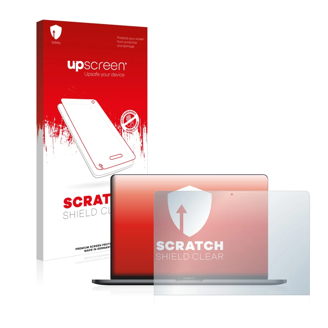 Face avant d’un emballage produit avec le logo de la marque upscreen. À côté, l’appareil Apple MacBook Pro 13