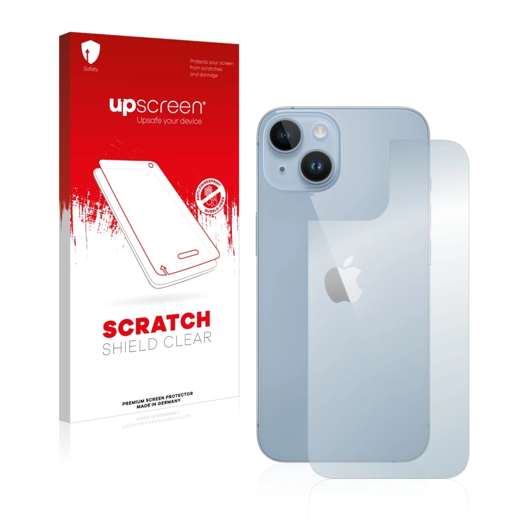 Face avant d’un emballage produit avec le logo de la marque upscreen. À côté, l’appareil Apple iPhone 14 (Arrière) est représe