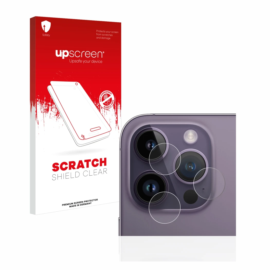 Face avant d’un emballage produit avec le logo de la marque upscreen. À côté, l’appareil Apple iPhone 14 Pro (Caméra UNIQUEMEN