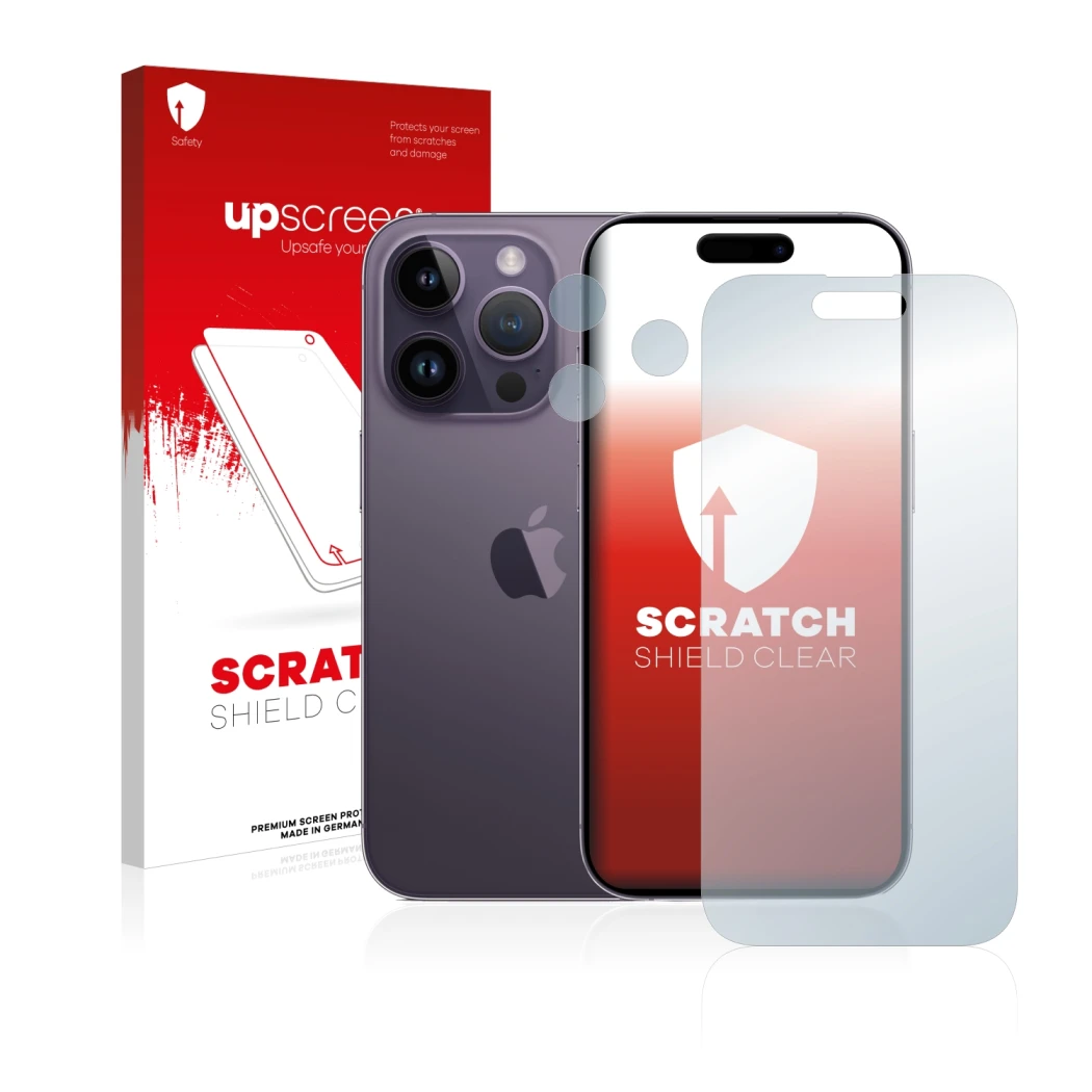 Face avant d’un emballage produit avec le logo de la marque upscreen. À côté, l’appareil Apple iPhone 14 Pro (Avant+Caméra) es