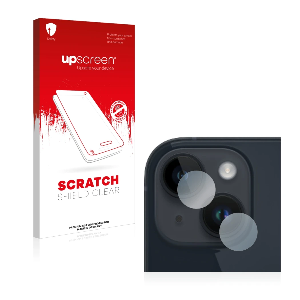 Face avant d’un emballage produit avec le logo de la marque upscreen. À côté, l’appareil Apple iPhone 14 Plus (Caméra UNIQUEME