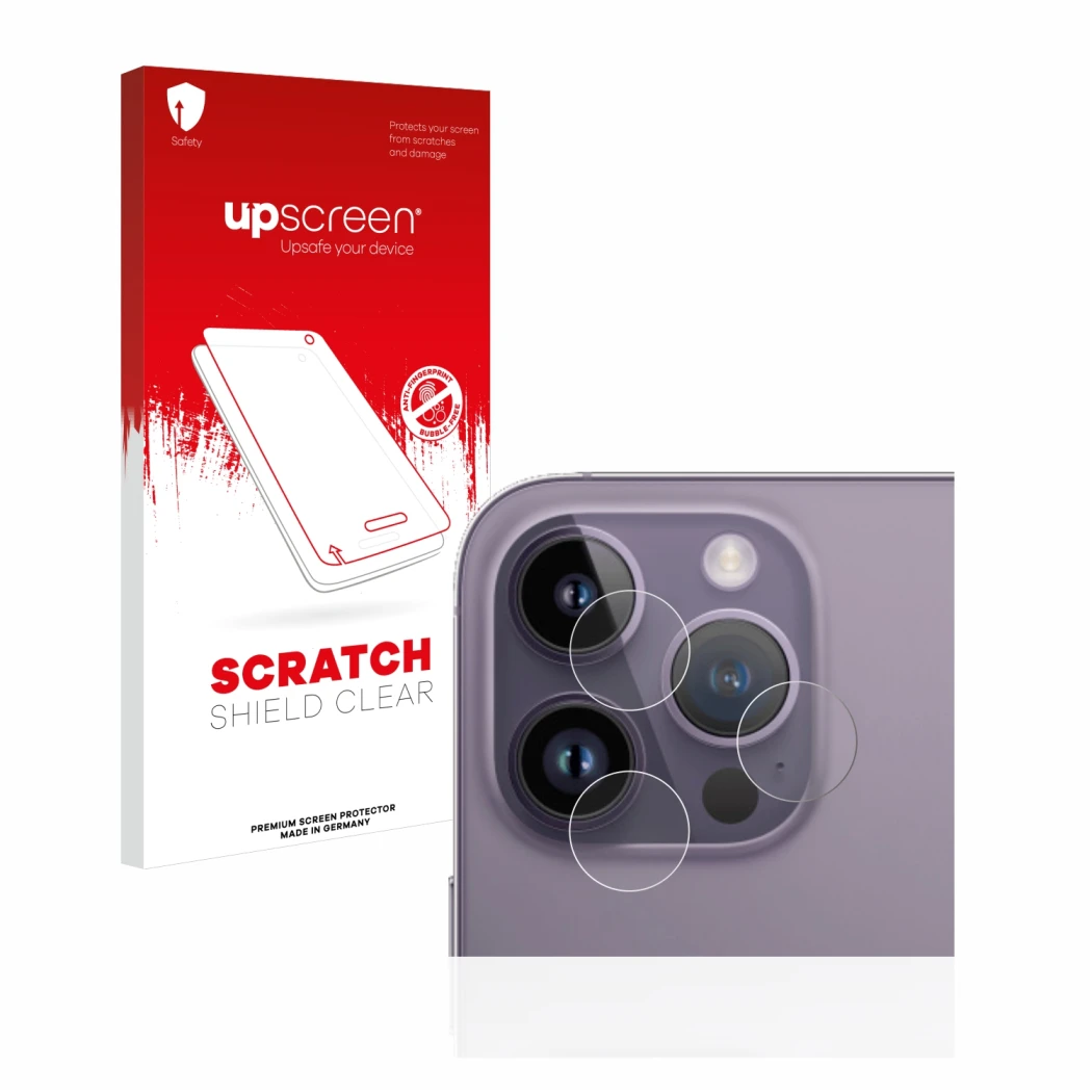 Face avant d’un emballage produit avec le logo de la marque upscreen. À côté, l’appareil Apple iPhone 14 Pro Max (Caméra UNIQU