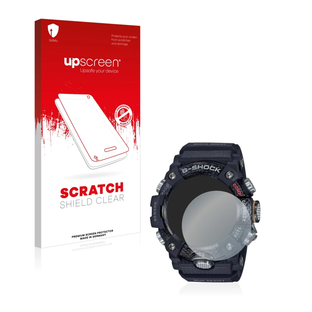 Face avant d’un emballage produit avec le logo de la marque upscreen. À côté, l’appareil Casio G-Shock Mudmaster GG-B100-1AER