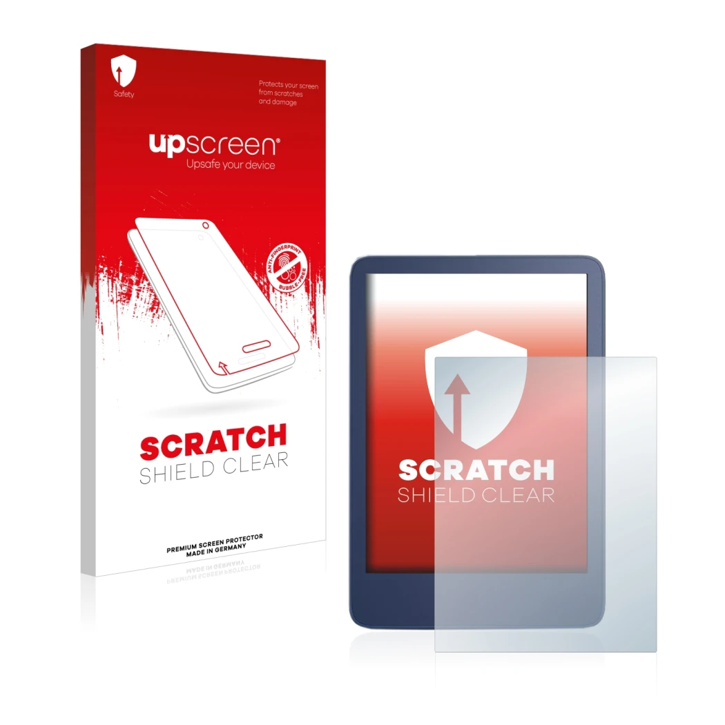 Face avant d’un emballage produit avec le logo de la marque upscreen. À côté, l’appareil Amazon Kindle Reader 2022 est représe