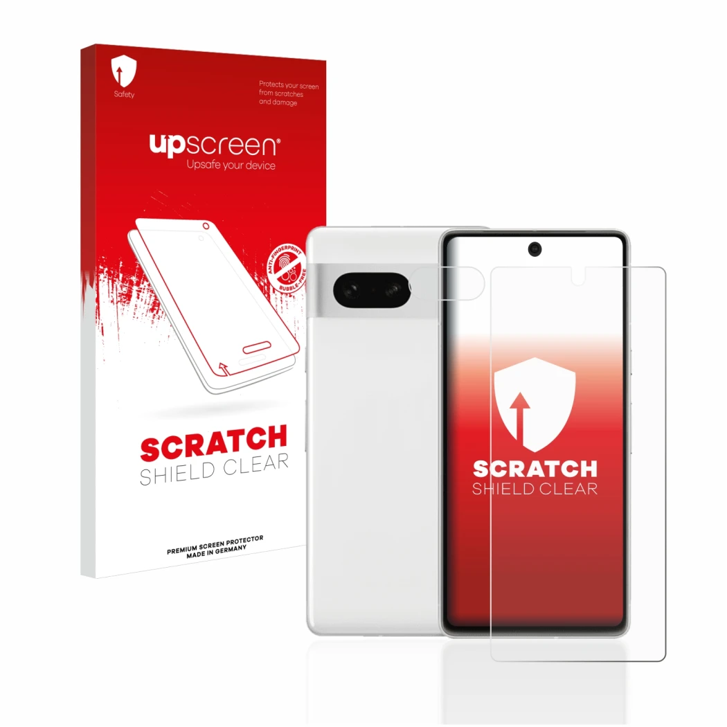 Face avant d’un emballage produit avec le logo de la marque upscreen. À côté, l’appareil Google Pixel 7 (Avant+Caméra) est rep