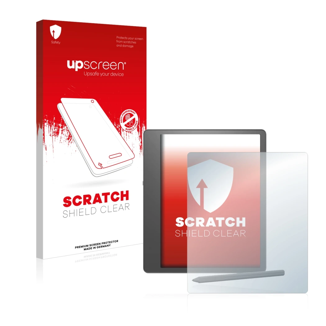 Face avant d’un emballage produit avec le logo de la marque upscreen. À côté, l’appareil Amazon Kindle Scribe est représenté a