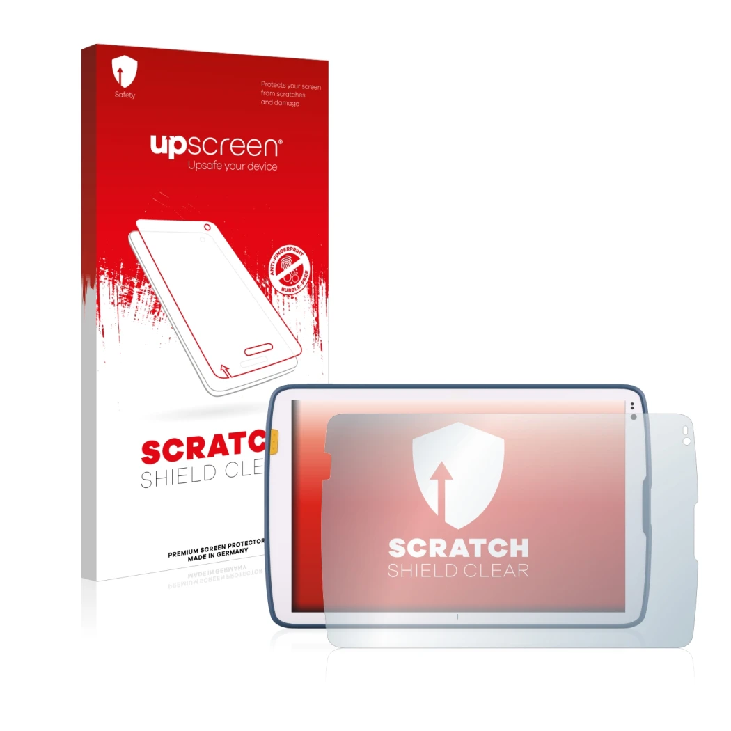 Face avant d’un emballage produit avec le logo de la marque upscreen. À côté, l’appareil Zebra ET45 10.1