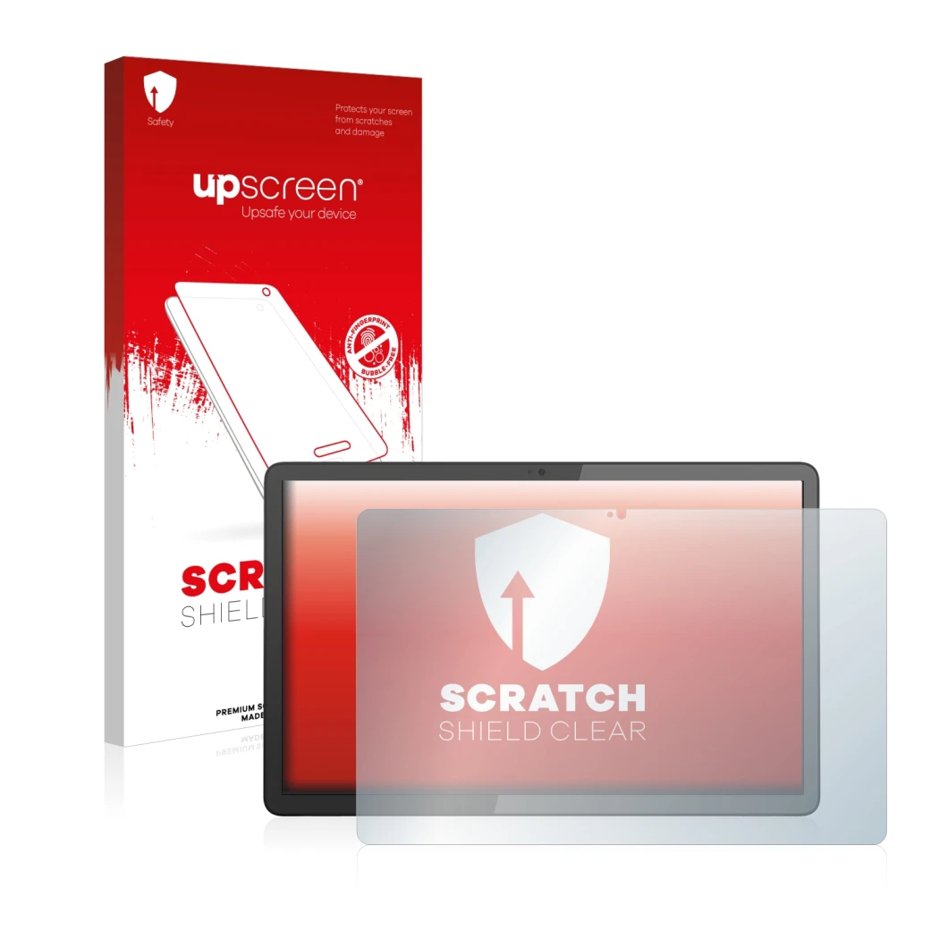 Face avant d’un emballage produit avec le logo de la marque upscreen. À côté, l’appareil Lenovo IdeaPad duet 3 Chromebook 11