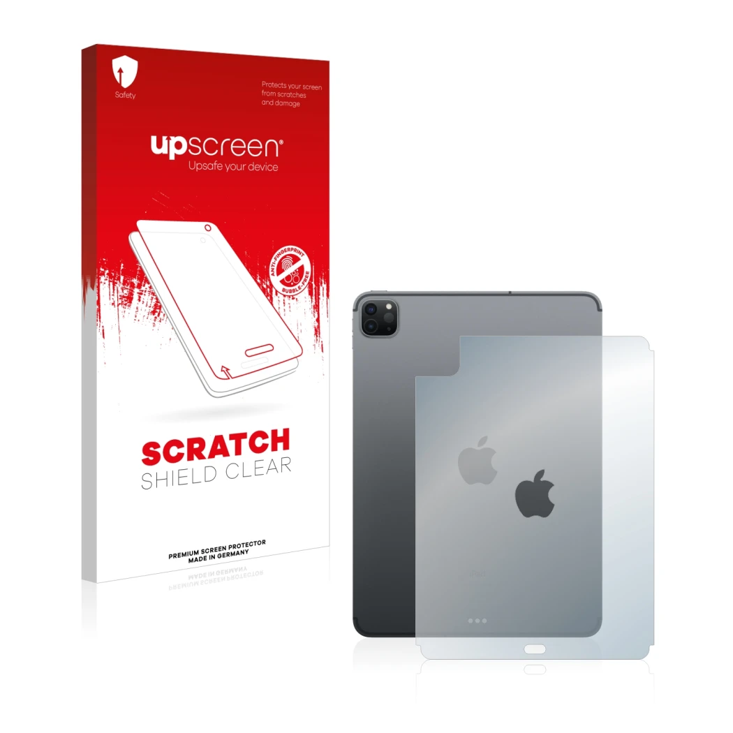Face avant d’un emballage produit avec le logo de la marque upscreen. À côté, l’appareil Apple iPad Pro 11