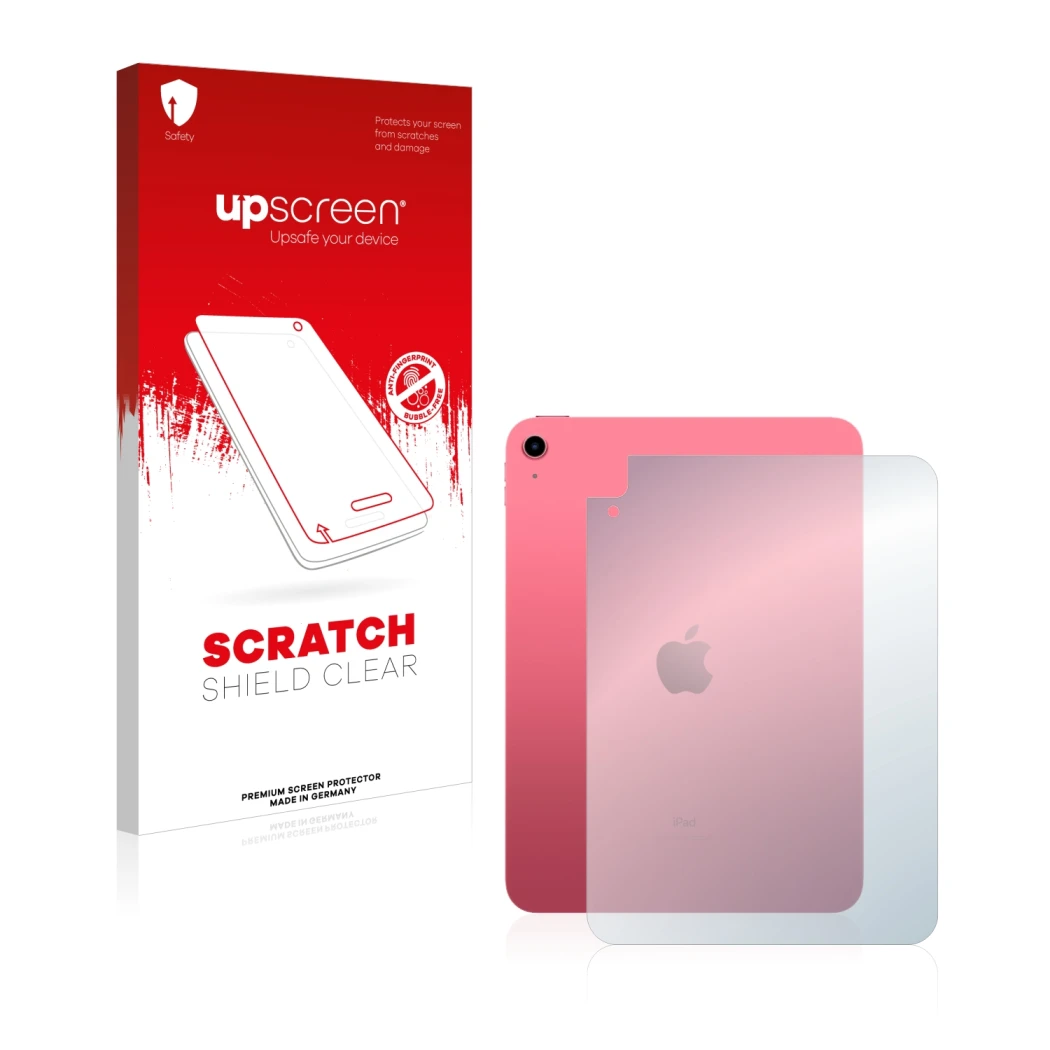Face avant d’un emballage produit avec le logo de la marque upscreen. À côté, l’appareil Apple iPad 10.9