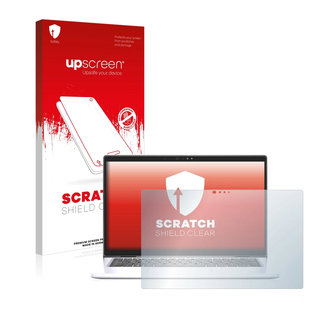Face avant d’un emballage produit avec le logo de la marque upscreen. À côté, l’appareil Dell Latitude 7330 Laptop est représe