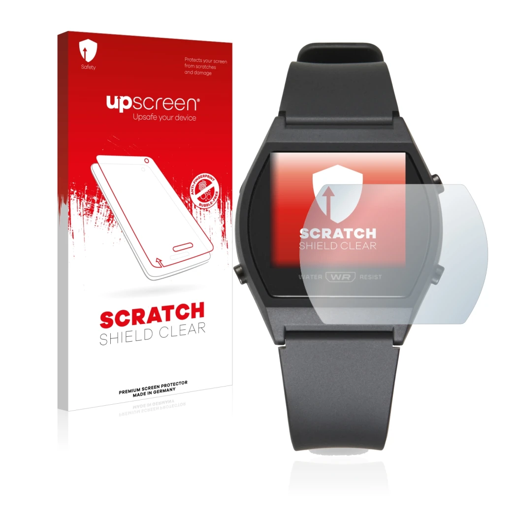 Face avant d’un emballage produit avec le logo de la marque upscreen. À côté, l’appareil Casio LW-204-1BEF est représenté avec