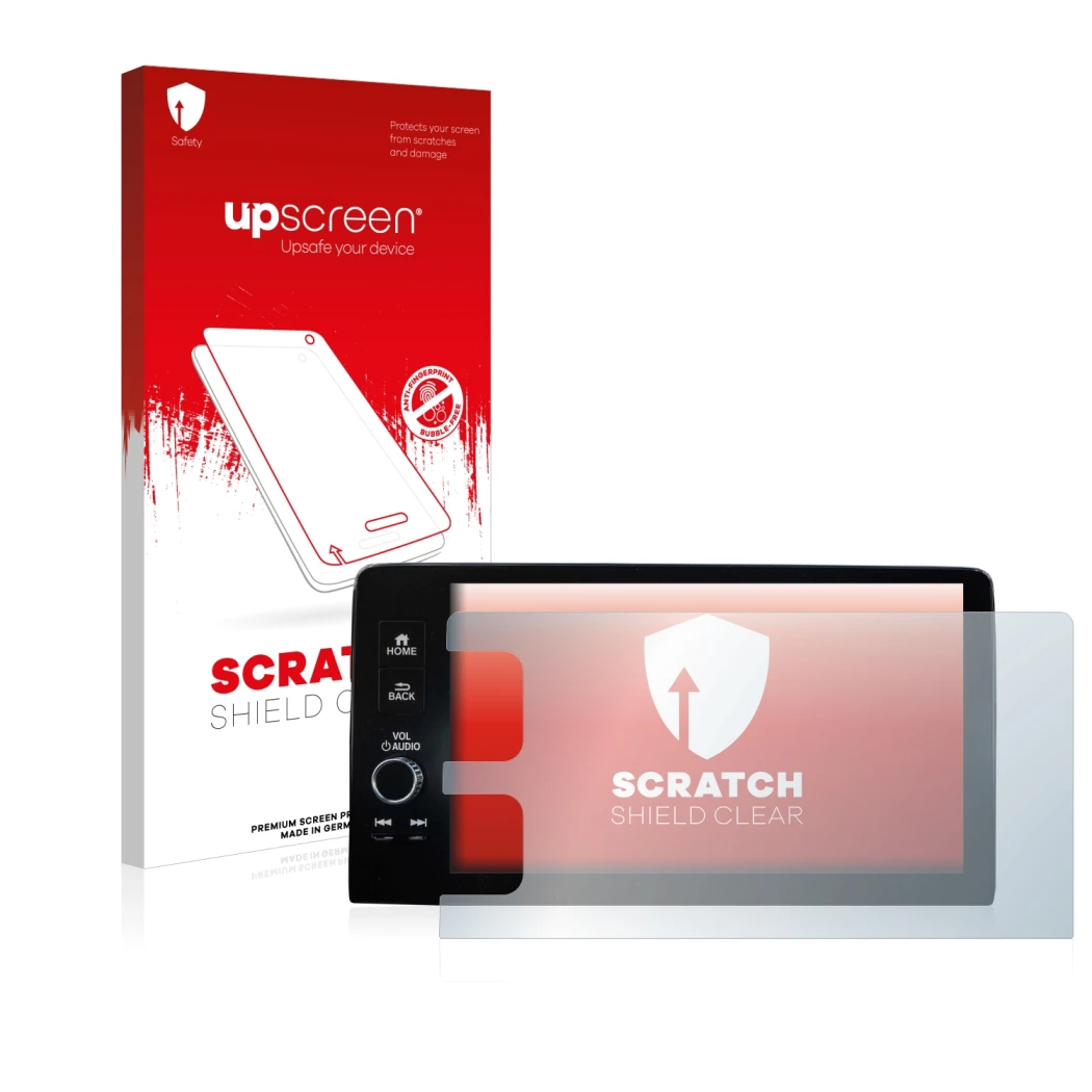 Face avant d’un emballage produit avec le logo de la marque upscreen. À côté, l’appareil Honda HR-V 2022 Navigationssystem est