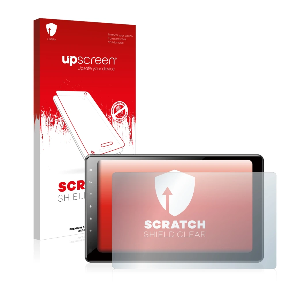 Face avant d’un emballage produit avec le logo de la marque upscreen. À côté, l’appareil Pioneer AVIC-Z1000DAB-C Navigation es