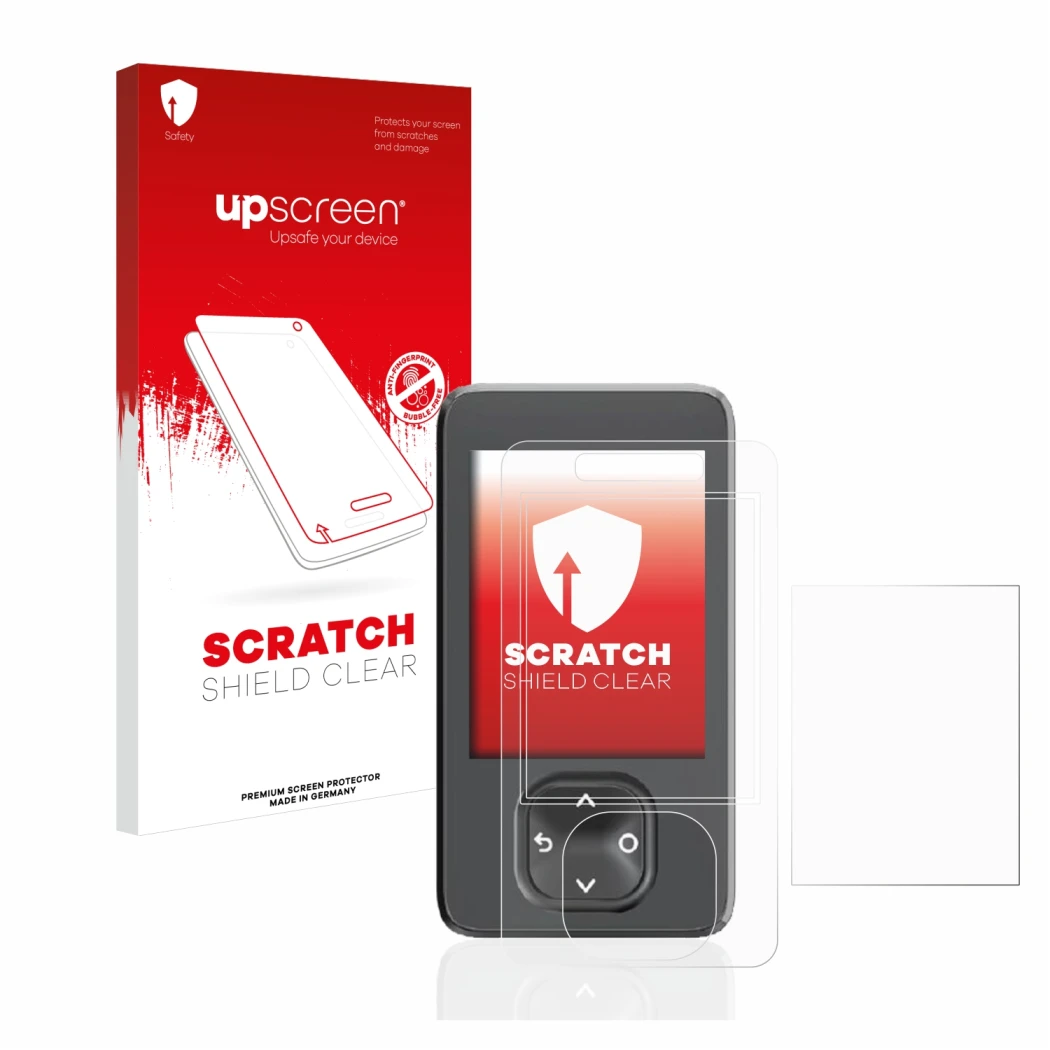 Face avant d’un emballage produit avec le logo de la marque upscreen. À côté, l’appareil Dexcom G7 CGM est représenté avec la