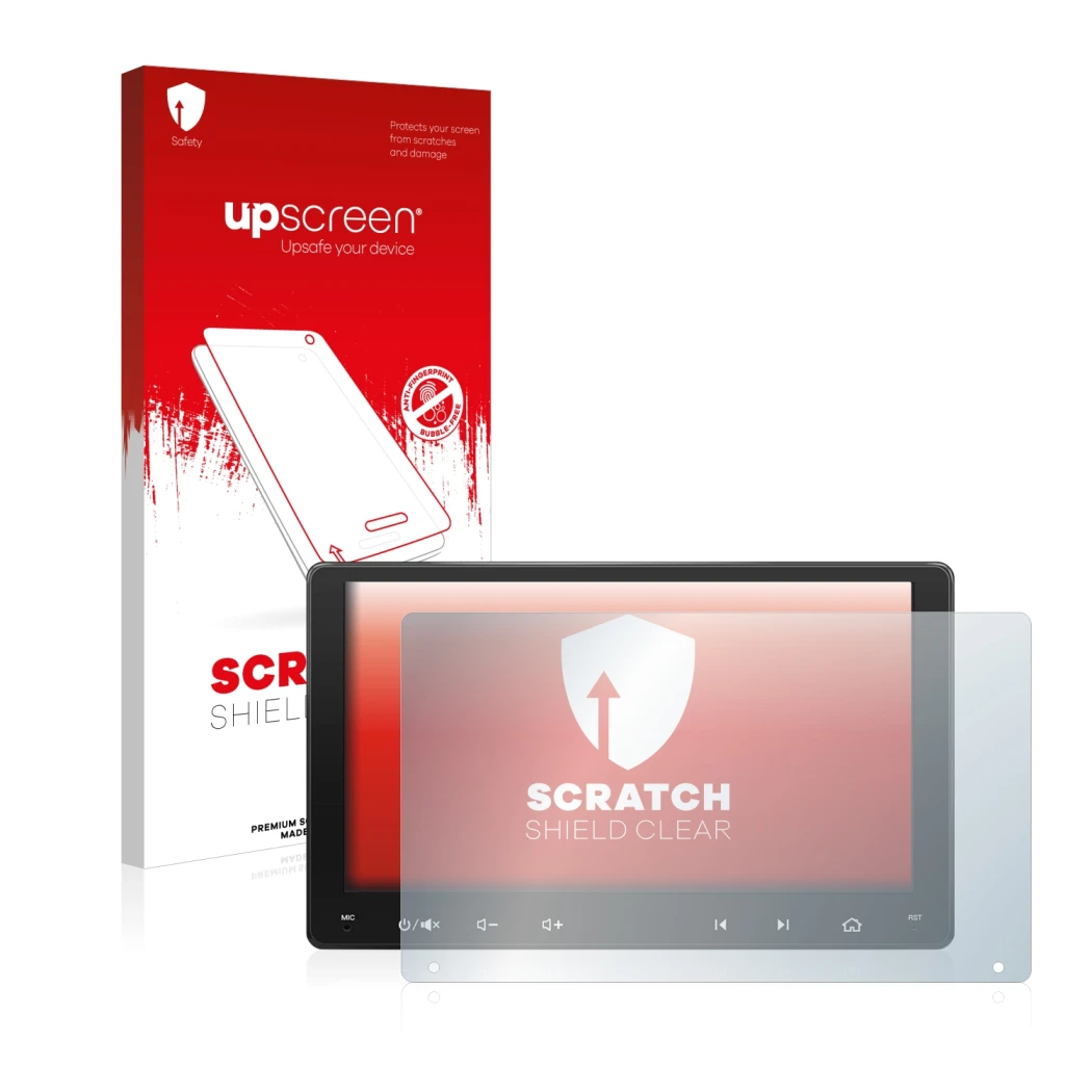 Face avant d’un emballage produit avec le logo de la marque upscreen. À côté, l’appareil Atoto A6 PF 9 Zoll est représenté ave