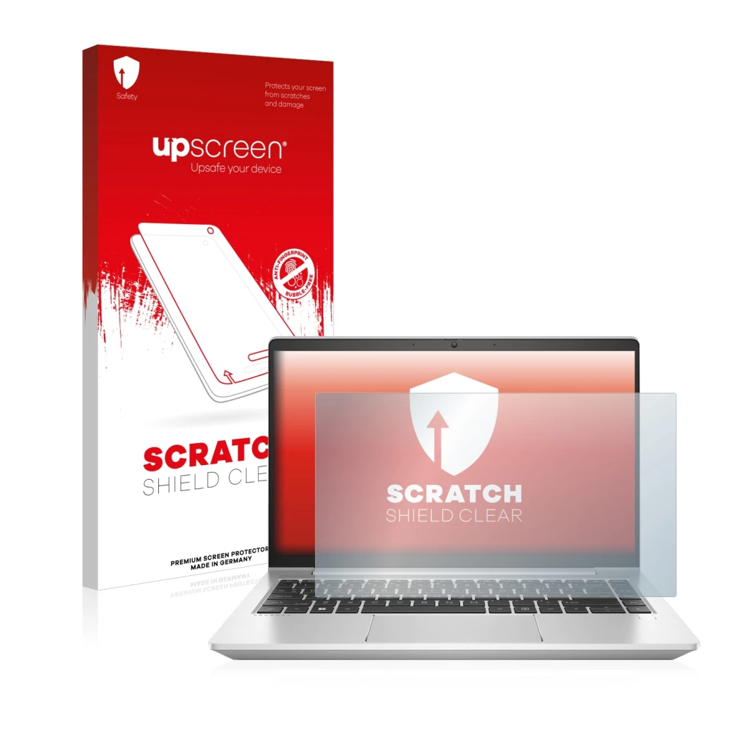Face avant d’un emballage produit avec le logo de la marque upscreen. À côté, l’appareil HP ProBook 440 G9 est représenté avec