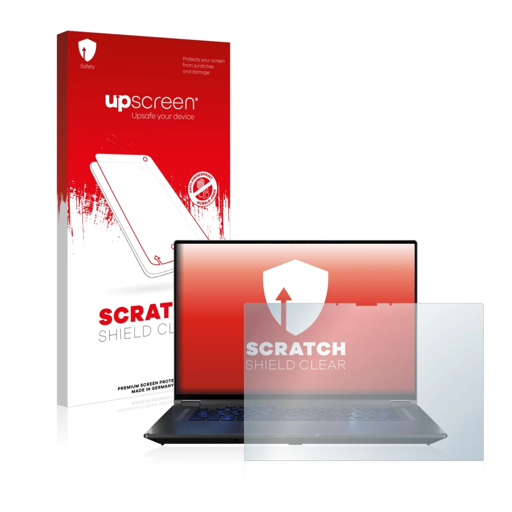 Face avant d’un emballage produit avec le logo de la marque upscreen. À côté, l’appareil ASUS ROG Flow X16 est représenté avec