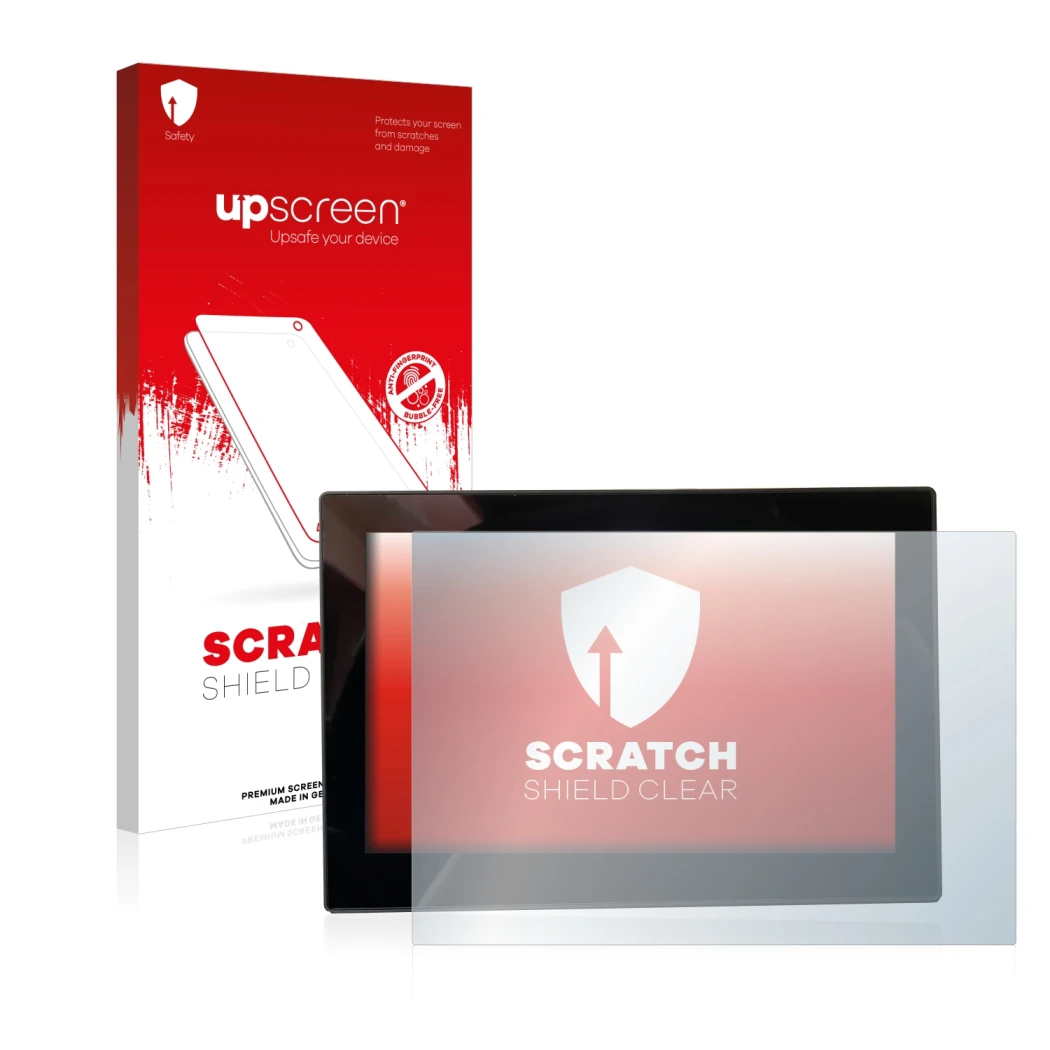 Face avant d’un emballage produit avec le logo de la marque upscreen. À côté, l’appareil MG 4 7-Zoll Digitales Instrumentendis
