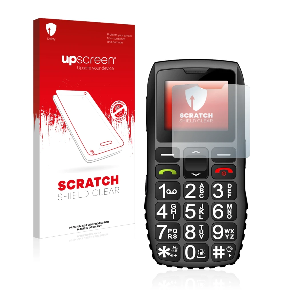 Face avant d’un emballage produit avec le logo de la marque upscreen. À côté, l’appareil artfone C1 + est représenté avec la p