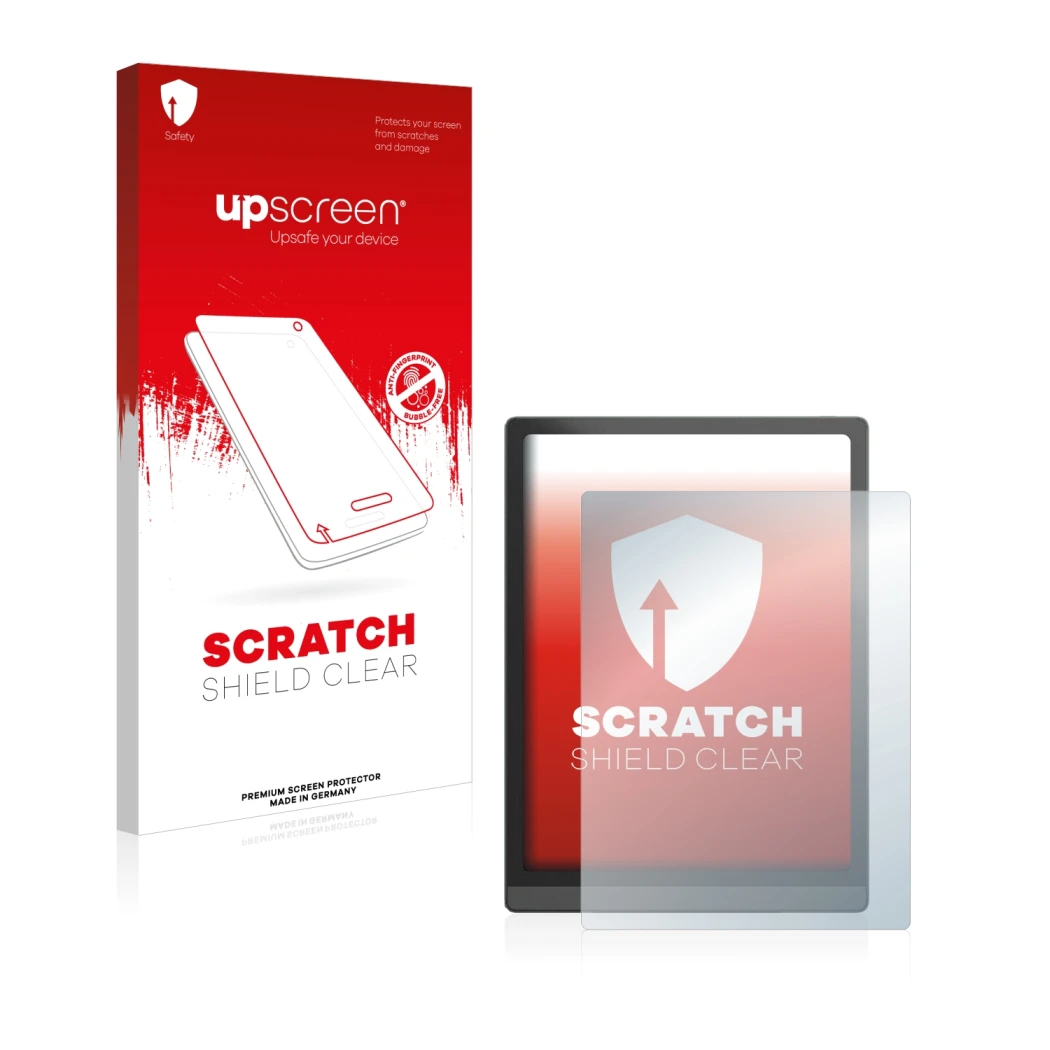 Face avant d’un emballage produit avec le logo de la marque upscreen. À côté, l’appareil Boox Tab X est représenté avec la pro