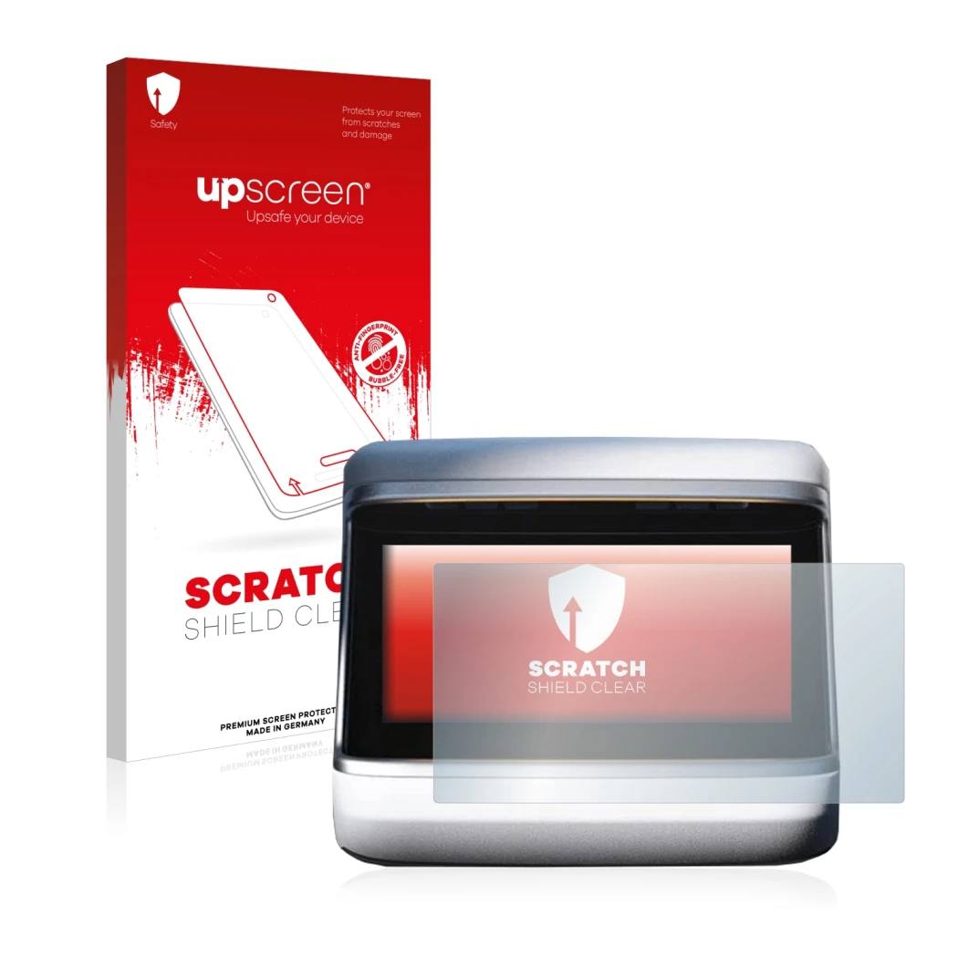 Face avant d’un emballage produit avec le logo de la marque upscreen. À côté, l’appareil Tesla Model S Plaid 2023 (Affichage a