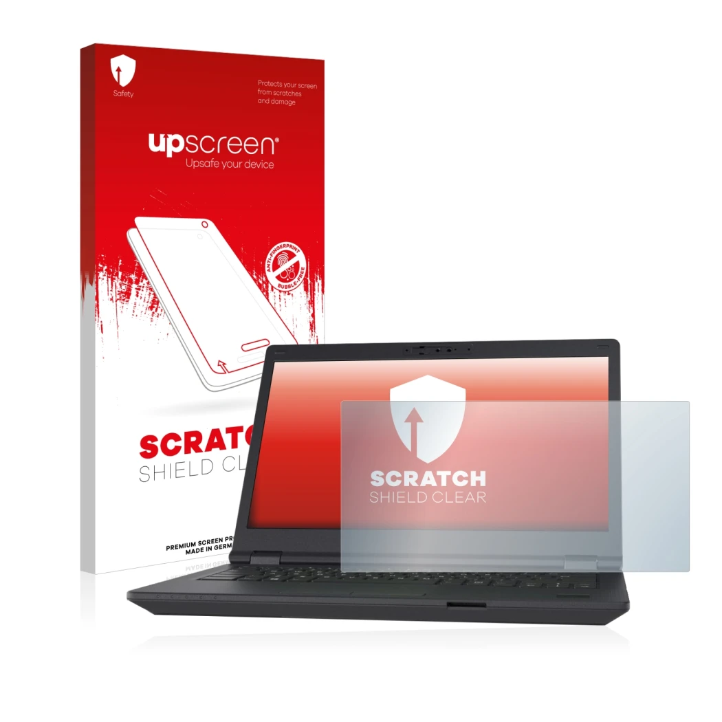 Face avant d’un emballage produit avec le logo de la marque upscreen. À côté, l’appareil Fujitsu Lifebook E5411 est représenté