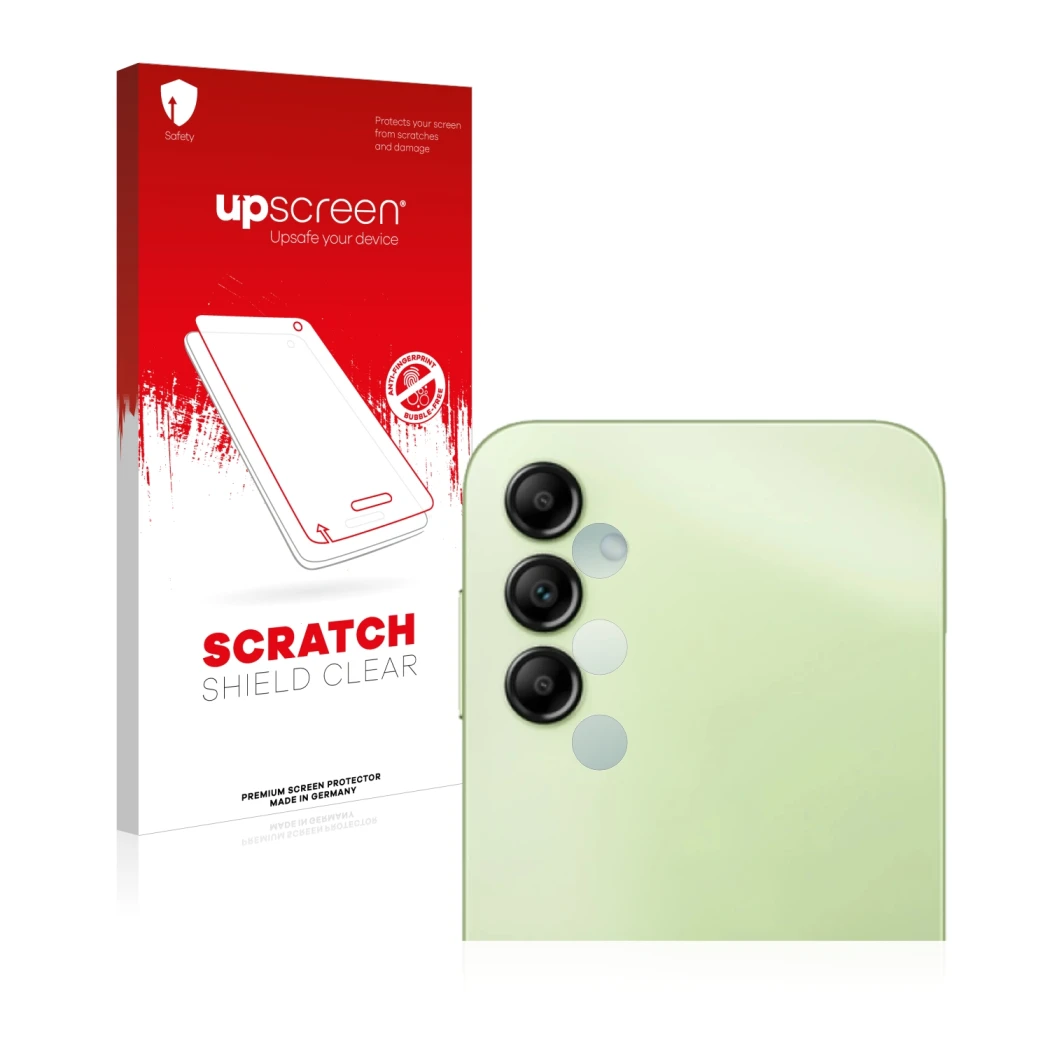 Face avant d’un emballage produit avec le logo de la marque upscreen. À côté, l’appareil Samsung Galaxy A14 5G (Caméra UNIQUEM