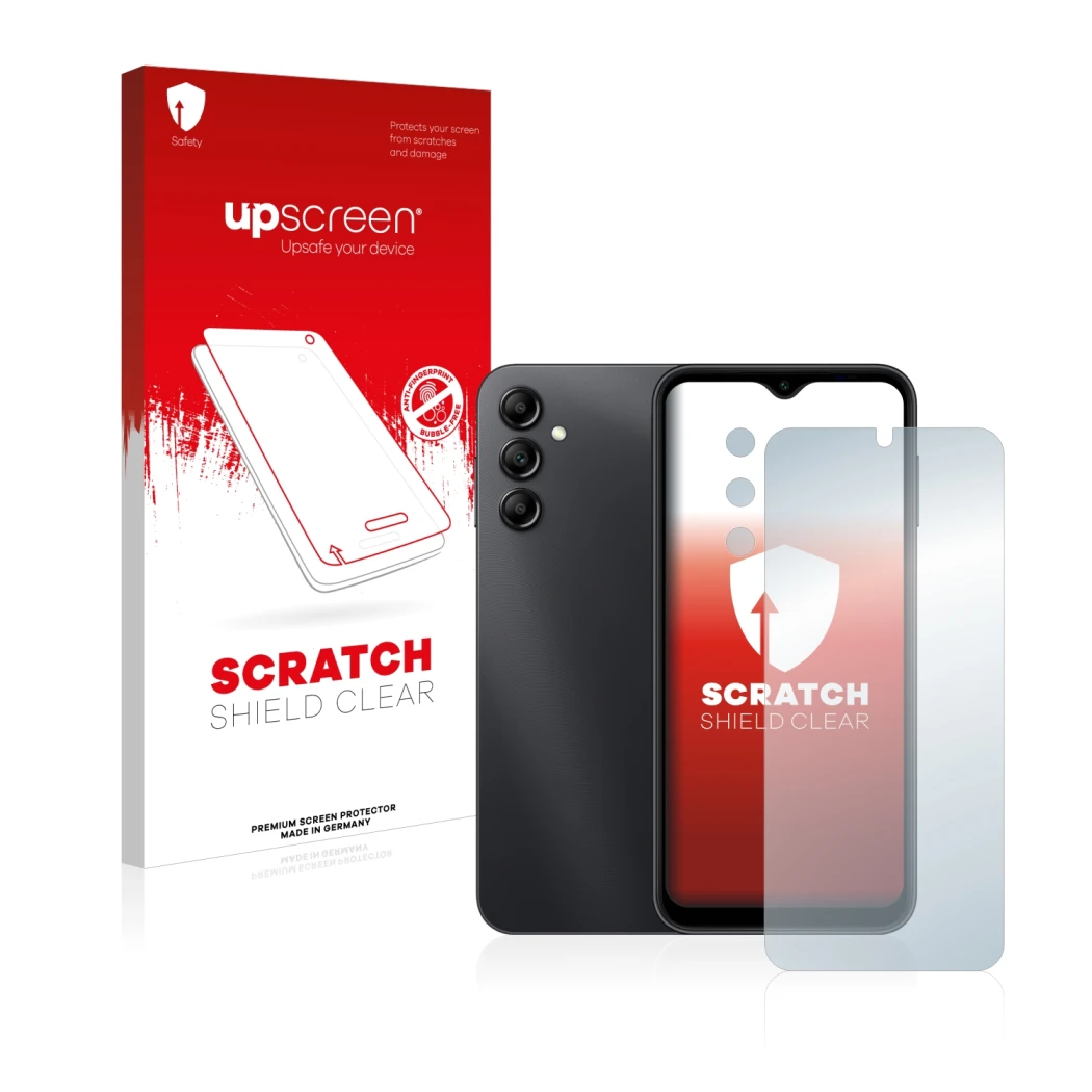 Face avant d’un emballage produit avec le logo de la marque upscreen. À côté, l’appareil Samsung Galaxy A14 5G (Avant+Caméra)