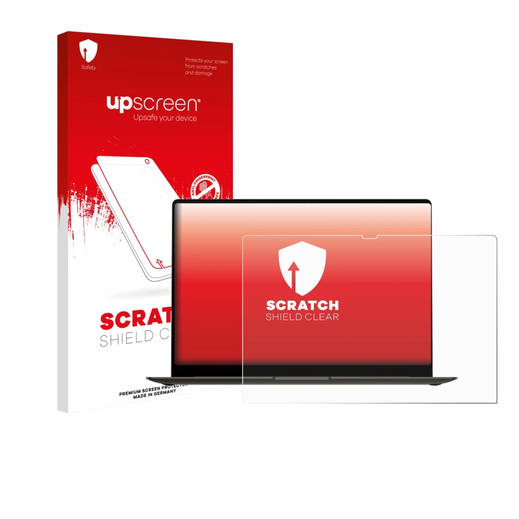 Face avant d’un emballage produit avec le logo de la marque upscreen. À côté, l’appareil Samsung Galaxy Book3 Pro 16