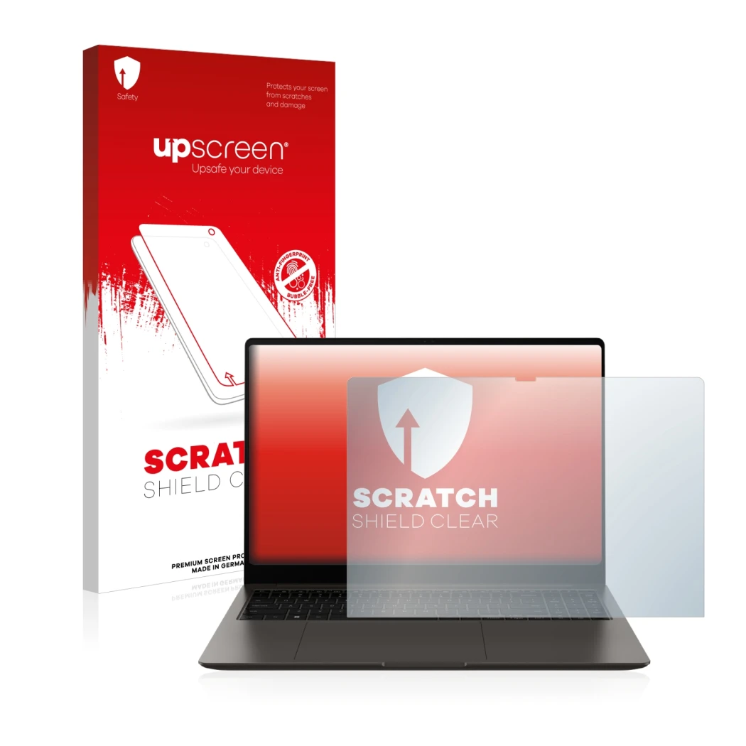 Face avant d’un emballage produit avec le logo de la marque upscreen. À côté, l’appareil Samsung Galaxy Book3 Ultra 16