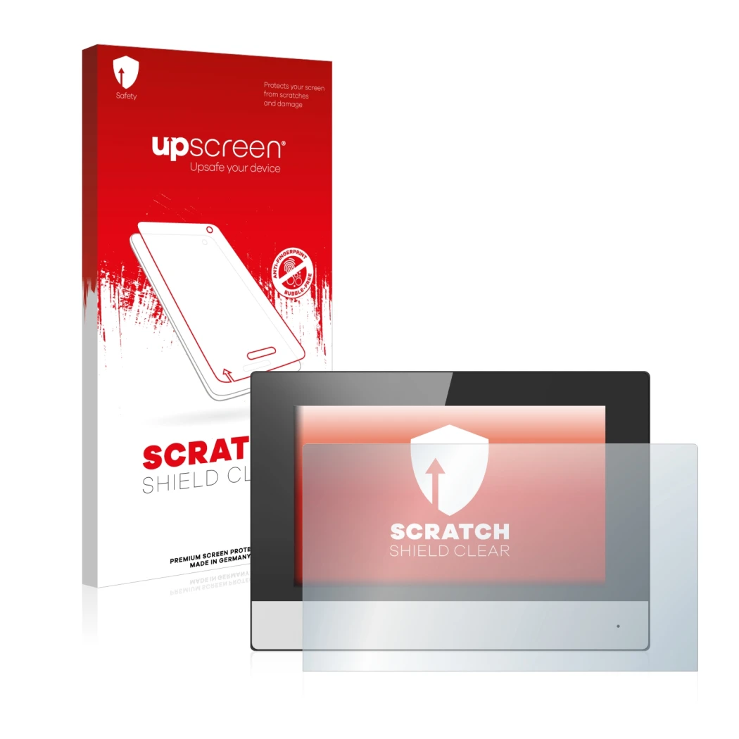 Face avant d’un emballage produit avec le logo de la marque upscreen. À côté, l’appareil Hikvision DS-KH6320-WTE2 (station int