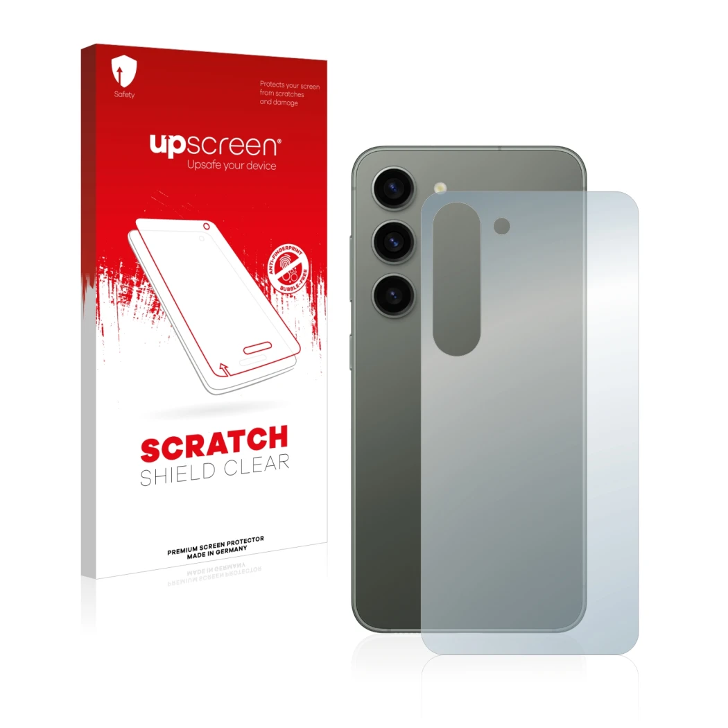 Face avant d’un emballage produit avec le logo de la marque upscreen. À côté, l’appareil Samsung Galaxy S23 (Arrière) est repr