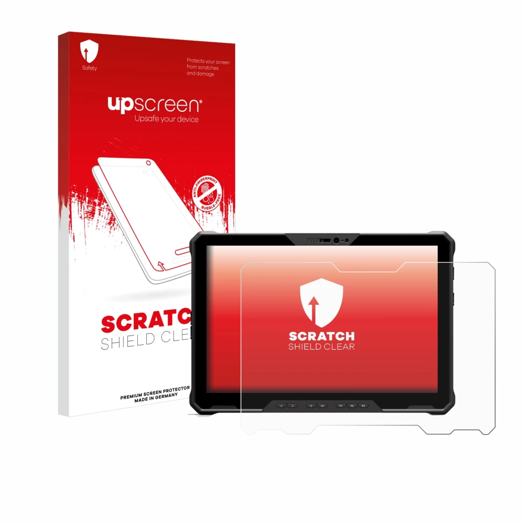 Face avant d’un emballage produit avec le logo de la marque upscreen. À côté, l’appareil Dell Latitude 7230 Rugged Extreme est