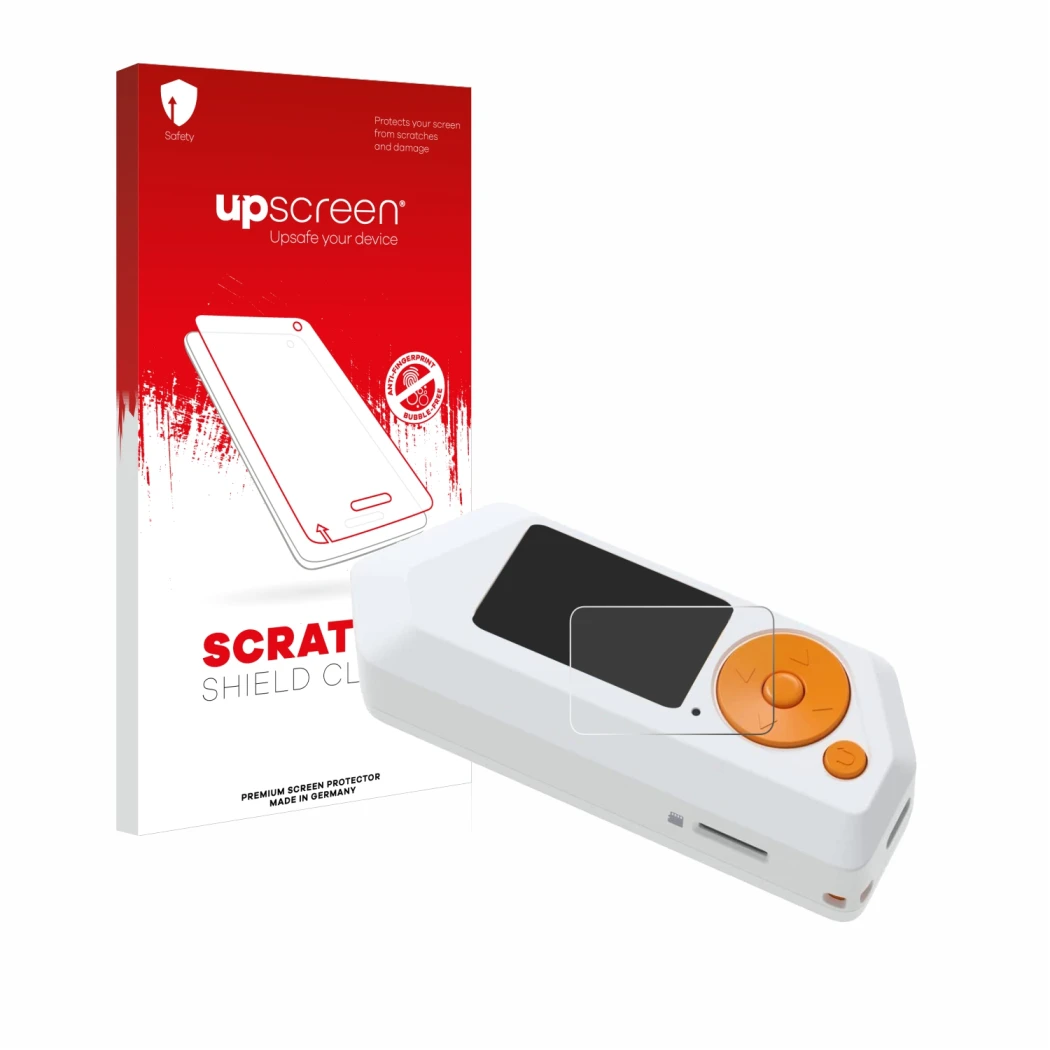 Face avant d’un emballage produit avec le logo de la marque upscreen. À côté, l’appareil Flipper Zero FZ.1 est représenté avec