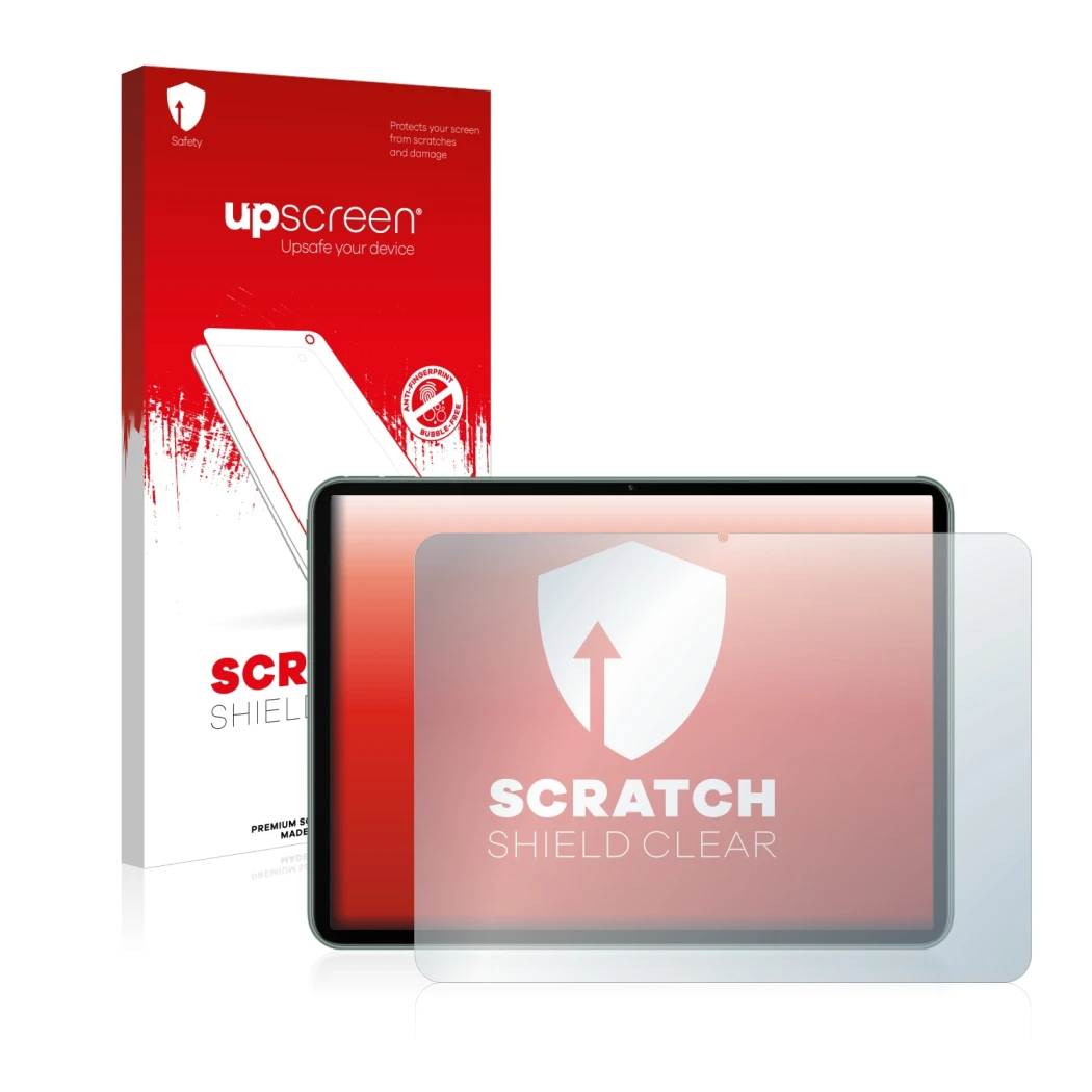 Face avant d’un emballage produit avec le logo de la marque upscreen. À côté, l’appareil OnePlus Pad est représenté avec la pr