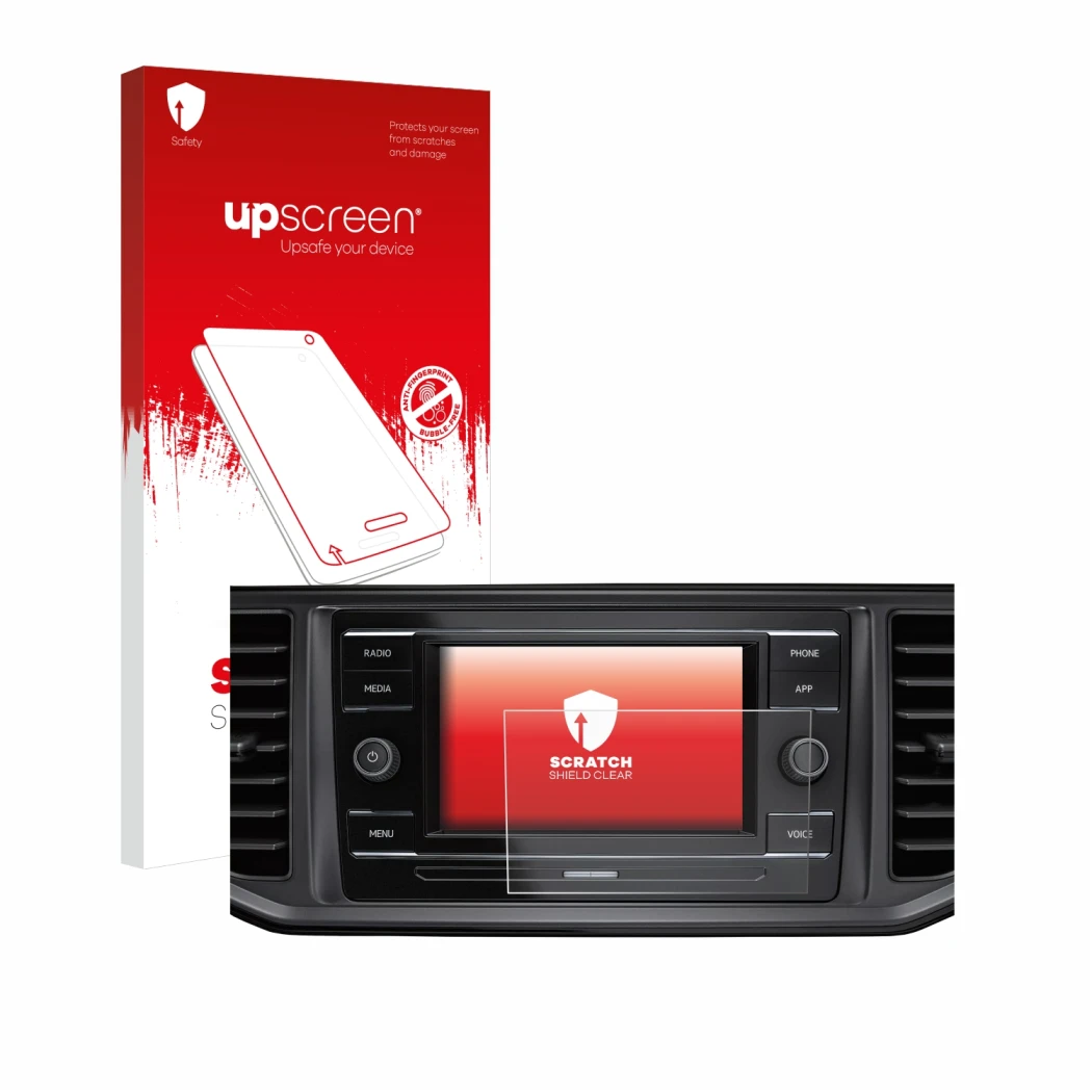 Face avant d’un emballage produit avec le logo de la marque upscreen. À côté, l’appareil Volkswagen Crafter Composition Colour