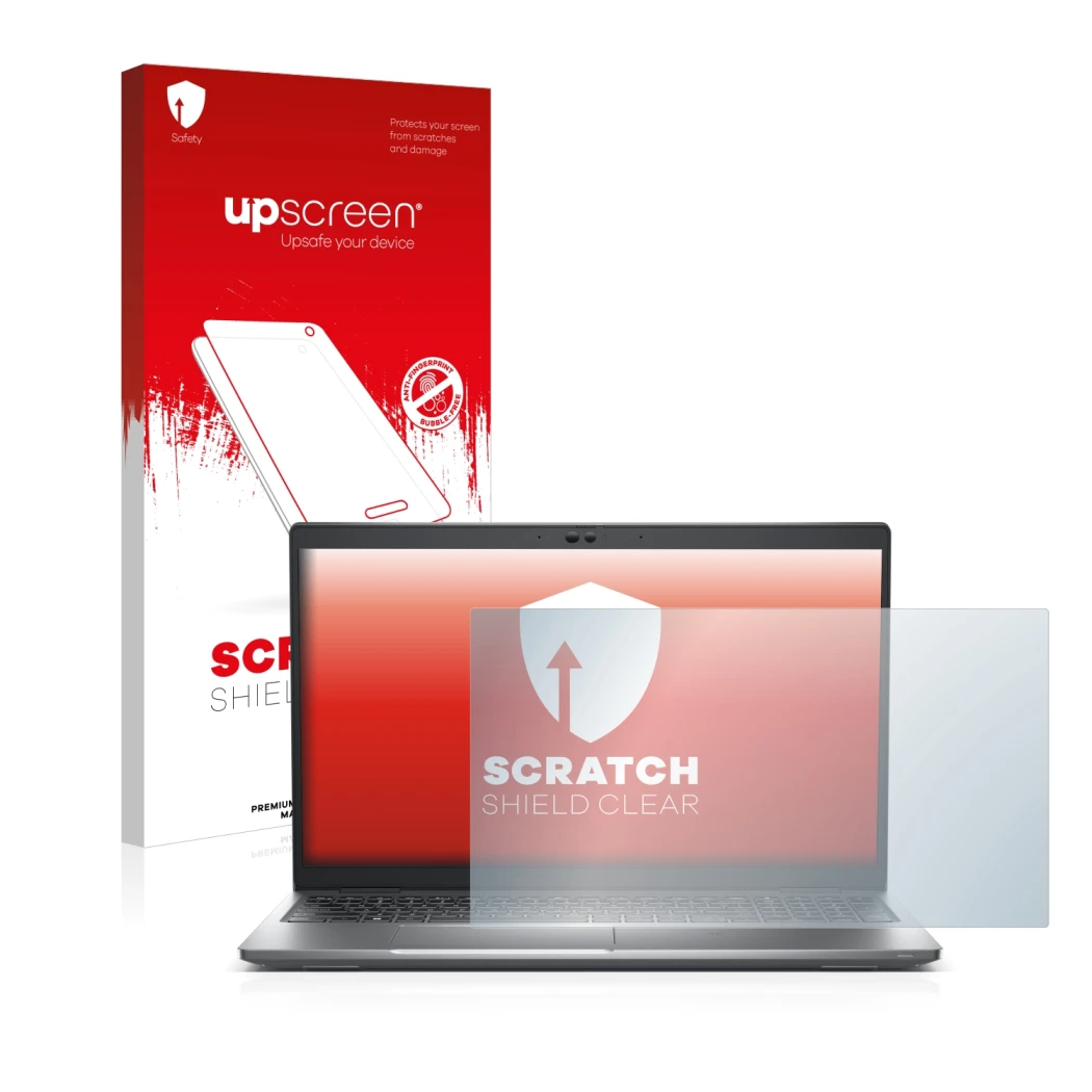 Face avant d’un emballage produit avec le logo de la marque upscreen. À côté, l’appareil Dell Latitude 5530 est représenté ave