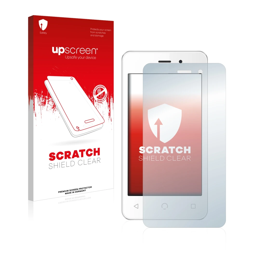Face avant d’un emballage produit avec le logo de la marque upscreen. À côté, l’appareil NUU Mobile A1 est représenté avec la