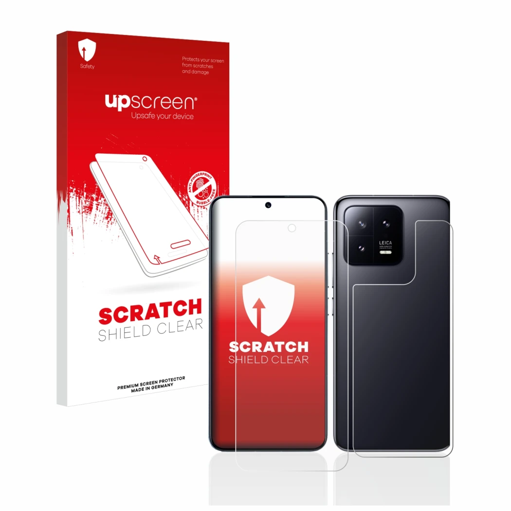 Face avant d’un emballage produit avec le logo de la marque upscreen. À côté, l’appareil Xiaomi 13 (Avant+Arrière) est représe