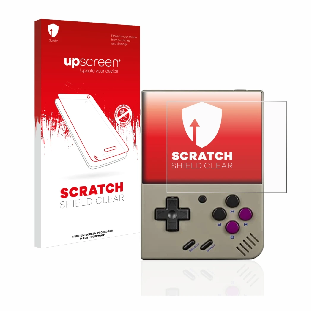 Face avant d’un emballage produit avec le logo de la marque upscreen. À côté, l’appareil Miyoo Mini Plus est représenté avec l