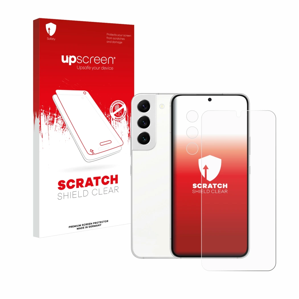 Face avant d’un emballage produit avec le logo de la marque upscreen. À côté, l’appareil Samsung Galaxy S22 Enterprise Edition