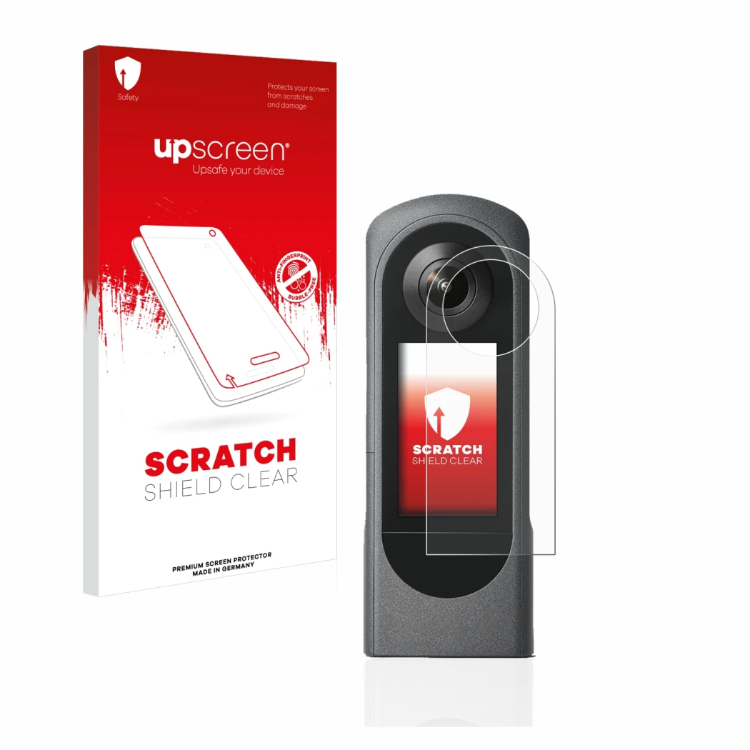 Face avant d’un emballage produit avec le logo de la marque upscreen. À côté, l’appareil Ricoh Theta X est représenté avec la