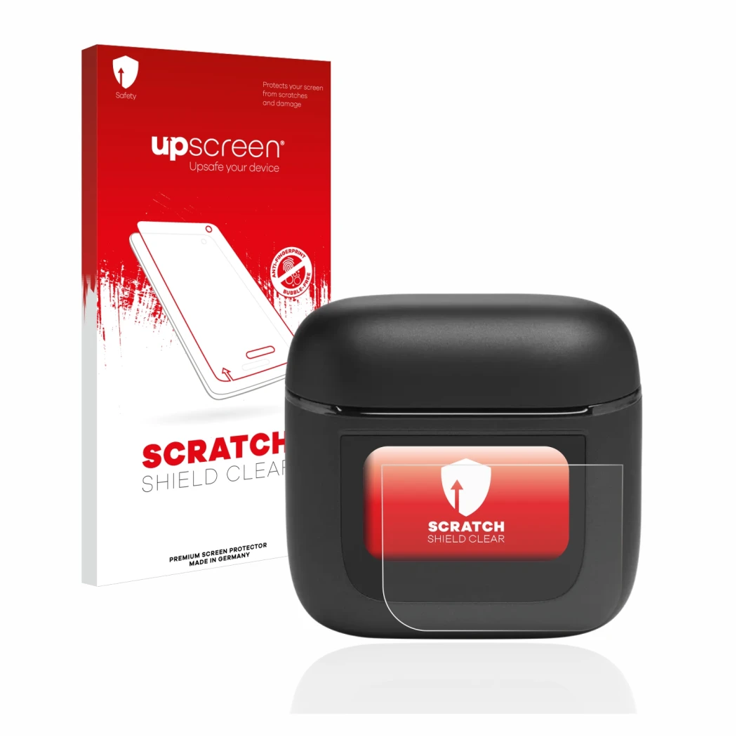 Face avant d’un emballage produit avec le logo de la marque upscreen. À côté, l’appareil JBL Tour Pro 2 est représenté avec la