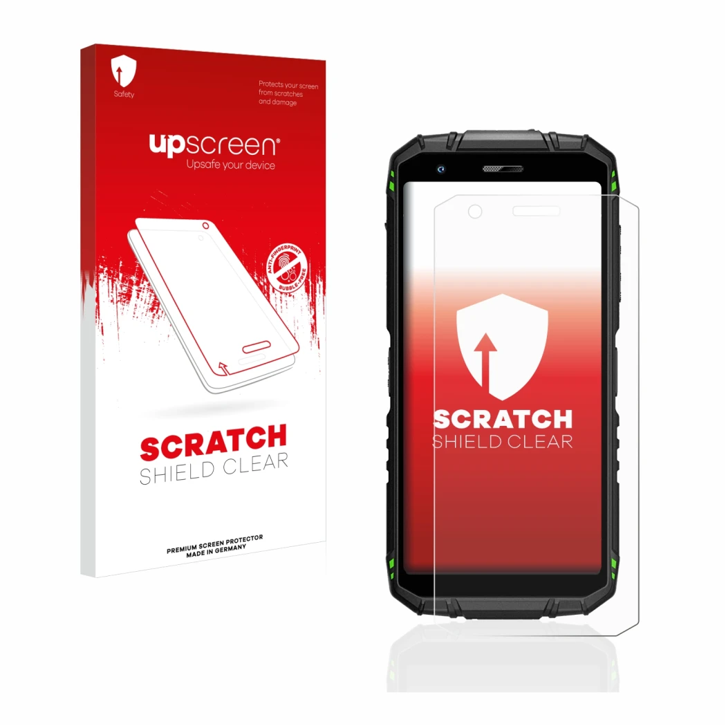 Face avant d’un emballage produit avec le logo de la marque upscreen. À côté, l’appareil Doogee S41 Pro est représenté avec la
