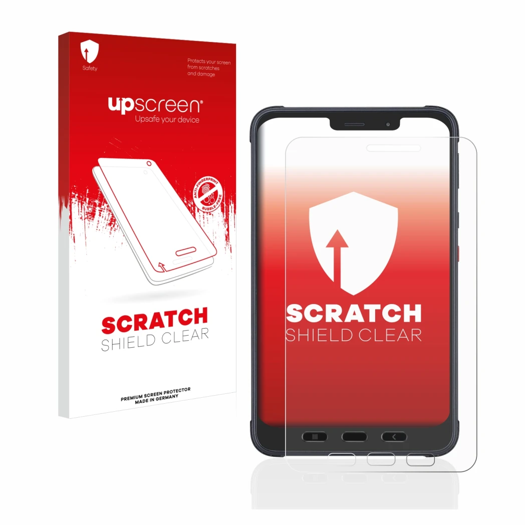 Face avant d’un emballage produit avec le logo de la marque upscreen. À côté, l’appareil Samsung Galaxy Tab Active 3 Enterpris