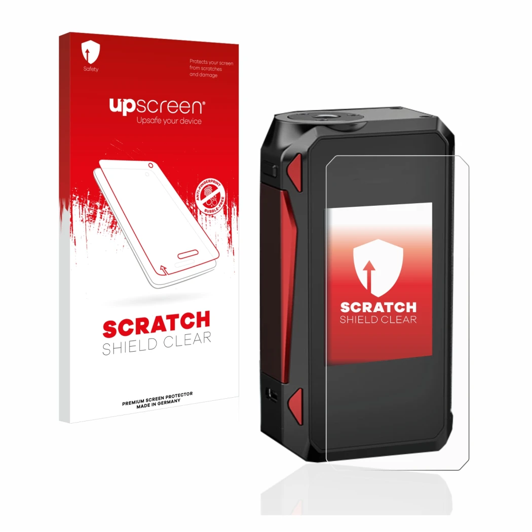 Face avant d’un emballage produit avec le logo de la marque upscreen. À côté, l’appareil Smok G-Priv 4 est représenté avec la 