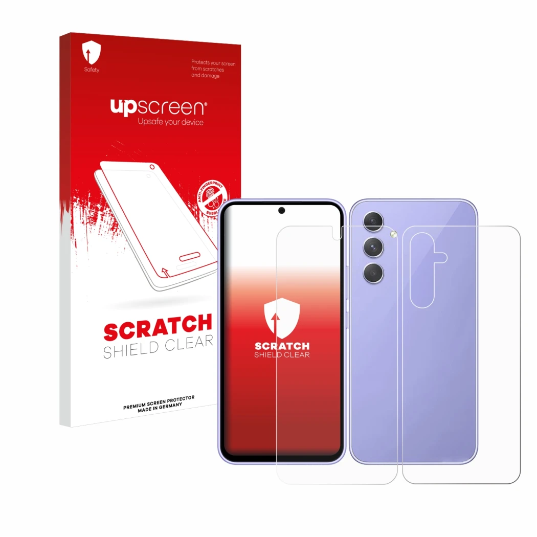 Face avant d’un emballage produit avec le logo de la marque upscreen. À côté, l’appareil Samsung Galaxy A54 5G (Avant+Arrière)